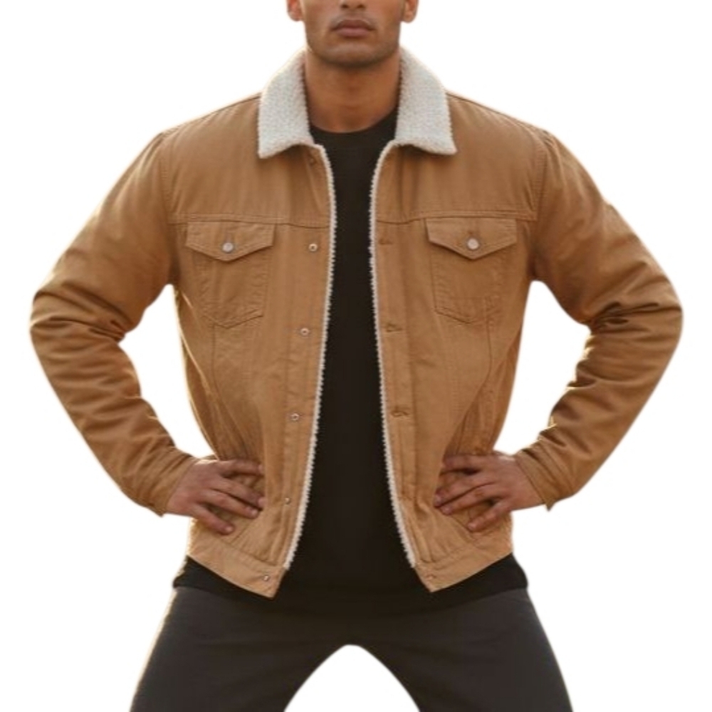 Rock & Roll Khaki Denim Sherpa Lined Trucker Jacket Men Size XXL